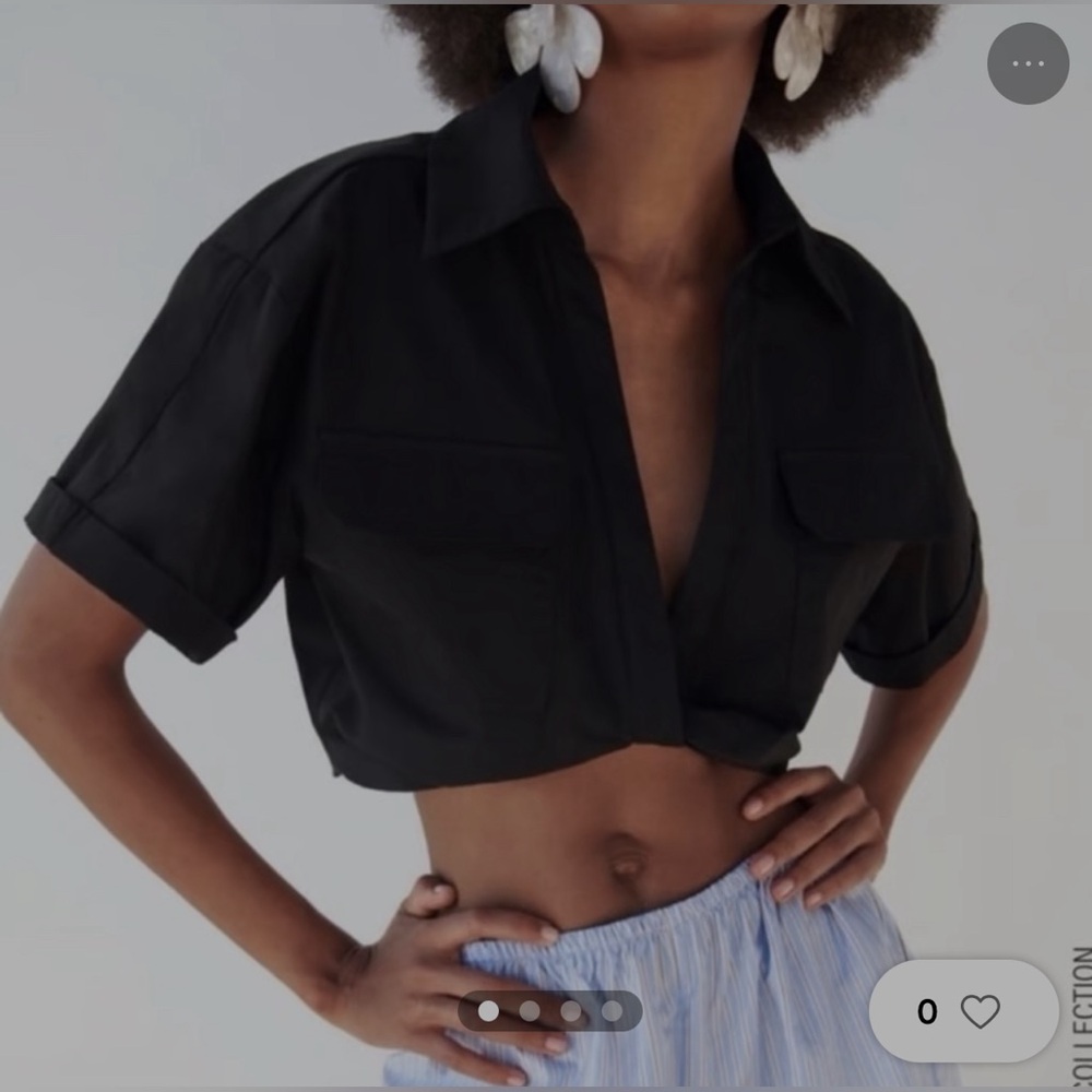 ZARA BLACK POPLIN CROP UTILITY SAFARI SHORT SLEEVE BLOUSE TOP M